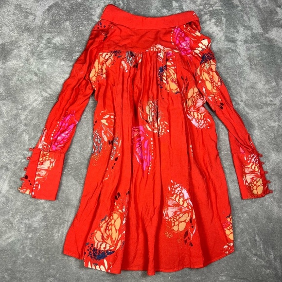 Free People Tunic Womens XS Red Field Of Butterflies Semi-Sheer Boho Gypsy Artsy - Picture 5 of 11